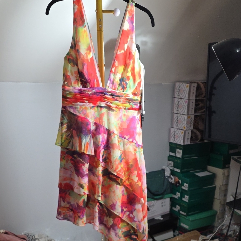 One-Shoulder Watercolor Floral Ruffle Dress - Pink Multi